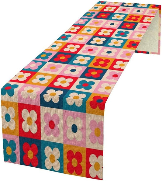 Retro Floral Checkered Table Runner Vintage Gardern Flowers Groovy Trendy Hippie Grid Farmhouse Country Dinner Runner for Home Kitchen Dining Table Party Holiday Decor 13"x108"