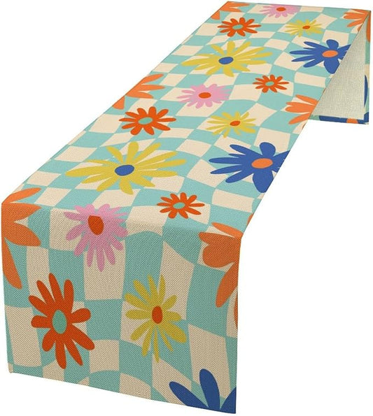 Retro Floral Checkered Table Runner Vintage Gardern Flowers Twisted Groovy Trendy Hippie Grid Farmhouse Country Dinner Runner for Home Kitchen Dining Table Party Holiday Decor 13"x108"