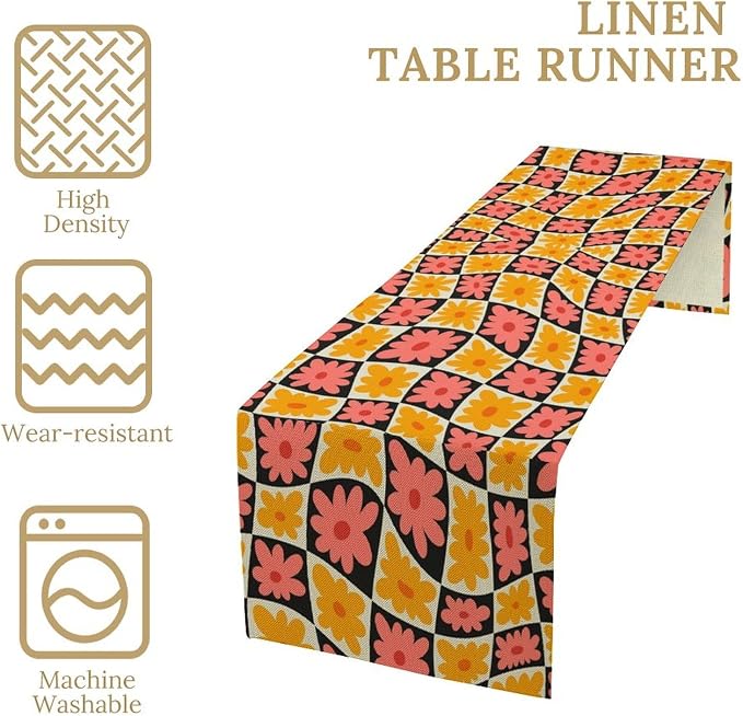 Retro Floral Checkered Table Runner 60s 70s Vintage Flower Twisted Colorful Groovy Trendy Hippie Grid Farmhouse Country Dinner Runner for Home Kitchen Dining Table Party Holiday Decor 13"x60"