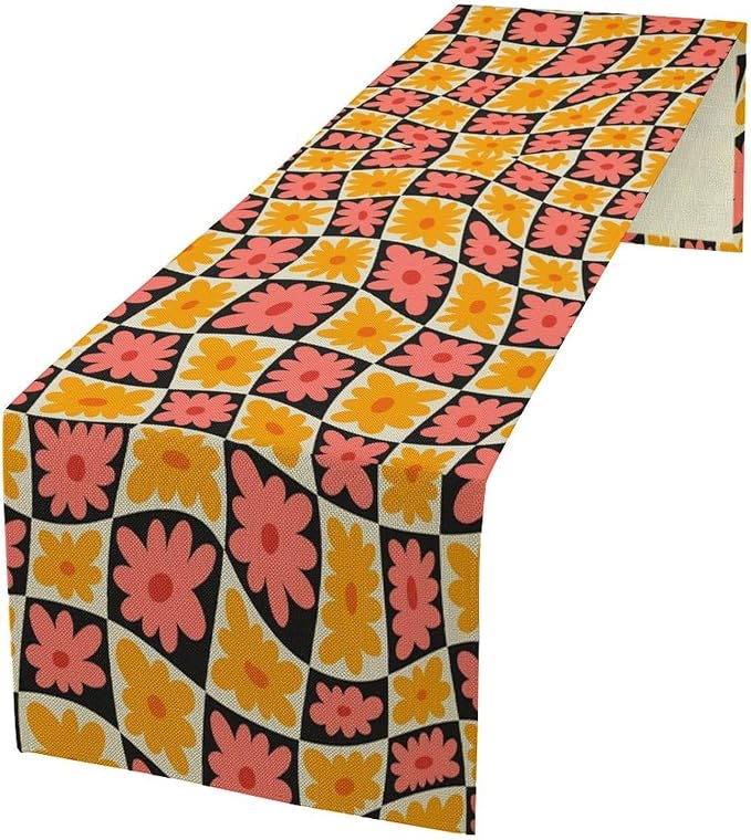 Retro Floral Checkered Table Runner 60s 70s Vintage Flower Twisted Colorful Groovy Trendy Hippie Grid Farmhouse Country Dinner Runner for Home Kitchen Dining Table Party Holiday Decor 13"x70"