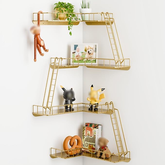 Fire Escape Wall Shelf - Modern City Style 4-Tier Corner Wall Shelves, Easy to Install Metal Ladder Shelf for Figures, New York Decorative Shelves for Bathroom, Living Room & Home Decor,Gold