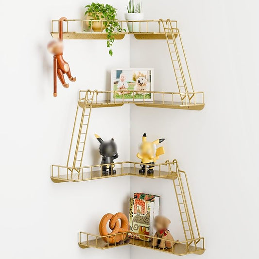 Fire Escape Wall Shelf - Modern City Style 4-Tier Corner Wall Shelves, Easy to Install Metal Ladder Shelf for Figures, New York Decorative Shelves for Bathroom, Living Room & Home Decor,Gold