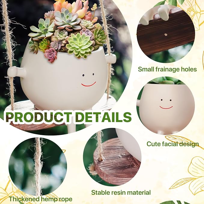 1 PC Swinging Face Plant Pots 【2025 THICKEN VERSION】Unique Cute Hanging Succulent Cactus Flower Head Resin Planters Pots for Indoor & Outdoor, Creative Novelty Decorative Planter Gift for Home Garden