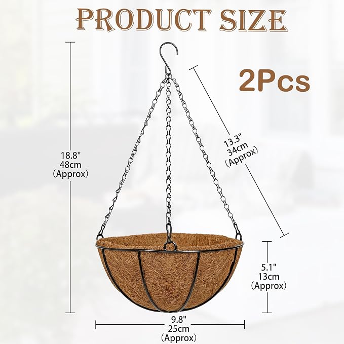 10 Inch Metal Hanging Basket with Coco Coir Liner for Flowers Planting, 2 Pack Hanging Baskets for Plants Outdoor, Round Wire Planters with Chain for Home Patio Porch Balcony Garden Decor