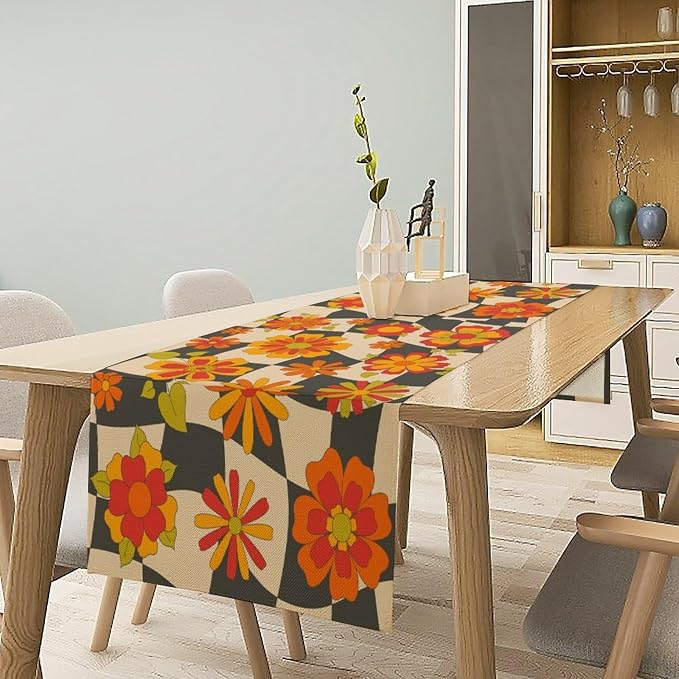 Retro Floral Checkered Table Runner 60s 70s Vintage Flowers Twisted Colorful Groovy Trendy Hippie Grid Farmhouse Country Dinner Runner for Home Kitchen Dining Table Party Holiday Decor 13"x120"