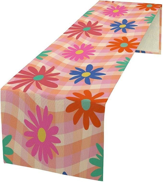 Retro Floral Checkered Table Runner Vintage Gardern Flowers Twisted Colorful Groovy Trendy Hippie Grid Farmhouse Country Dinner Runner for Home Kitchen Dining Table Party Holiday Decor 13"x60"