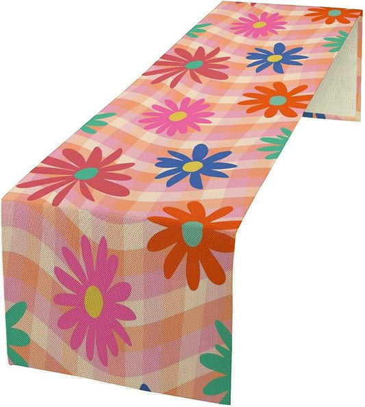 Retro Floral Checkered Table Runner Vintage Gardern Flowers Twisted Colorful Groovy Trendy Hippie Grid Farmhouse Country Dinner Runner for Home Kitchen Dining Table Party Holiday Decor 13"x60"