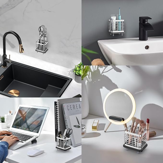 Toothbrush Holders for Bathroom, Adhesive Electric Toothbrush Holder with Fast Dry Tray Wall Mounted Toothbrush Holder Shower Toothpaste Bathroom Organizer Essentials, 2 Slots, Silver