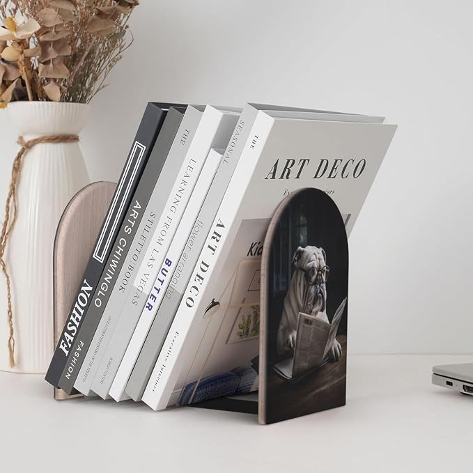 Cute Bulldog Reading The Newspaper 2 Piece Wood Decorative Bookends 6.7x4.2 in, Book Ends for Home Office Library Shelves Decor Room Kitchen Desktop