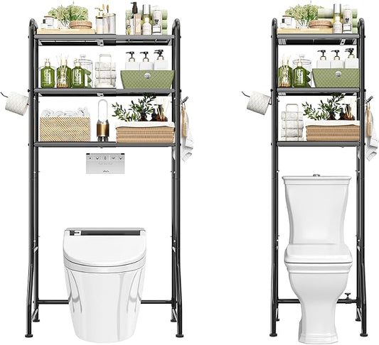 Simple Trending Expandable Over The Toilet Storage Rack, Metal 3 Tier Bathroom Organizer Shelf with Paper Holder and 3 Hooks, Black
