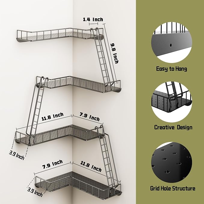 Fire Escape Wall Shelf - Modern City Style 4-Tier Corner Wall Shelves, Easy to Install Metal Ladder Shelf for Figures, New York Decorative Shelves for Bathroom, Living Room & Home Decor,Black