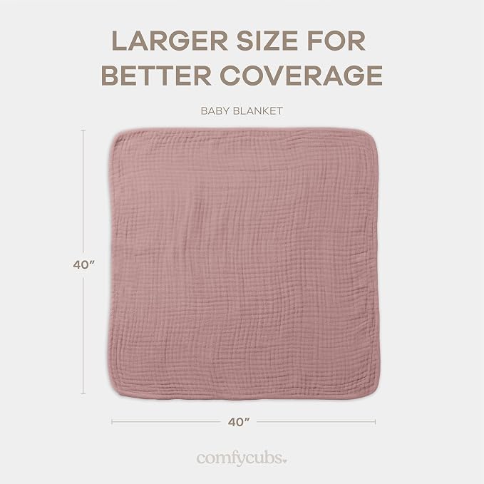 Comfy Cubs Muslin Baby Blanket - Soft, Lightweight, 6-Layer Cotton Swaddle Blankets for Newborns, Infants & Toddlers - 40" x 40" Large, Breathable & Versatile for Sleeping & Tummy Time - Mauve