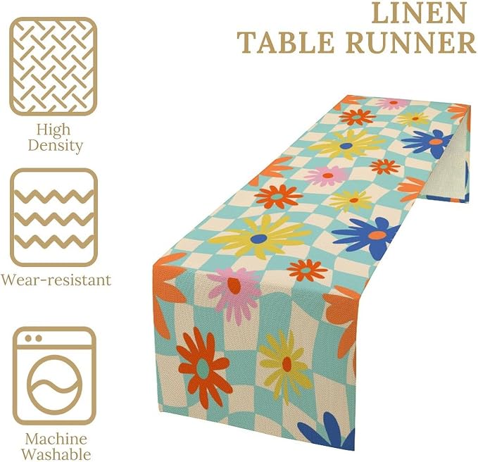 Retro Floral Checkered Table Runner Vintage Gardern Flowers Twisted Groovy Trendy Hippie Grid Farmhouse Country Dinner Runner for Home Kitchen Dining Table Party Holiday Decor 13"x108"