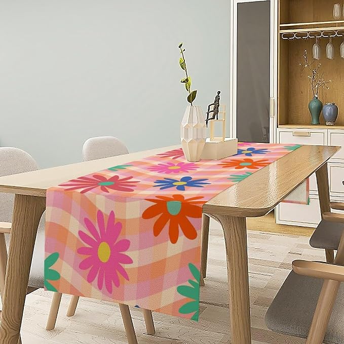 Retro Floral Checkered Table Runner Vintage Gardern Flowers Twisted Colorful Groovy Trendy Hippie Grid Farmhouse Country Dinner Runner for Home Kitchen Dining Table Party Holiday Decor 13"x60"