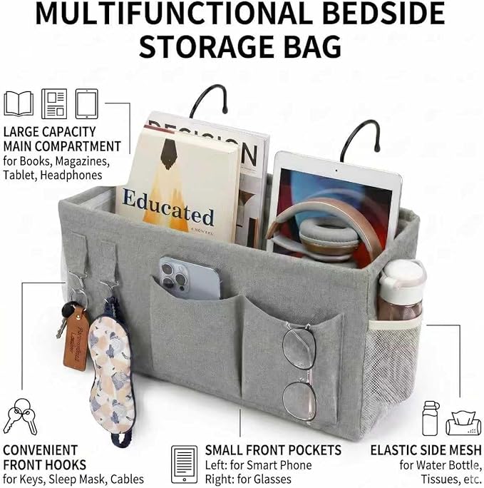 1pc Bedside Caddy Organizer with Hooks, No-Sagging Canvas Hanging Bed Pocket with Water Bottle Holder, Bedside Storage for Dorm Room Essentials, Bunk Bed Accessories, Hospital Bed Rails & Crib (pink)