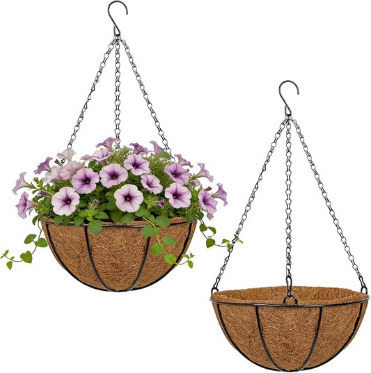 10 Inch Metal Hanging Basket with Coco Coir Liner for Flowers Planting, 2 Pack Hanging Baskets for Plants Outdoor, Round Wire Planters with Chain for Home Patio Porch Balcony Garden Decor