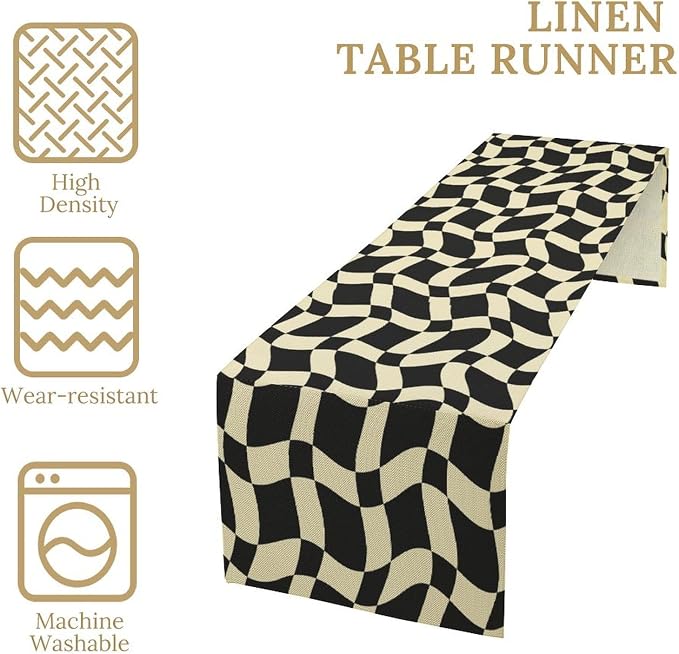 Retro Checkered Table Runner 60s 70s Vintage Twisted Black White Groovy Trendy Wavy Hippie Grid Dinner Runner for Home Kitchen Dining Table Party Holiday Decor 13"x120"