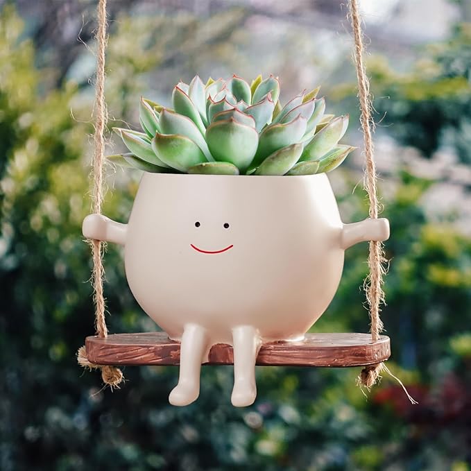 1 PC Swinging Face Plant Pots 【2025 THICKEN VERSION】Unique Cute Hanging Succulent Cactus Flower Head Resin Planters Pots for Indoor & Outdoor, Creative Novelty Decorative Planter Gift for Home Garden