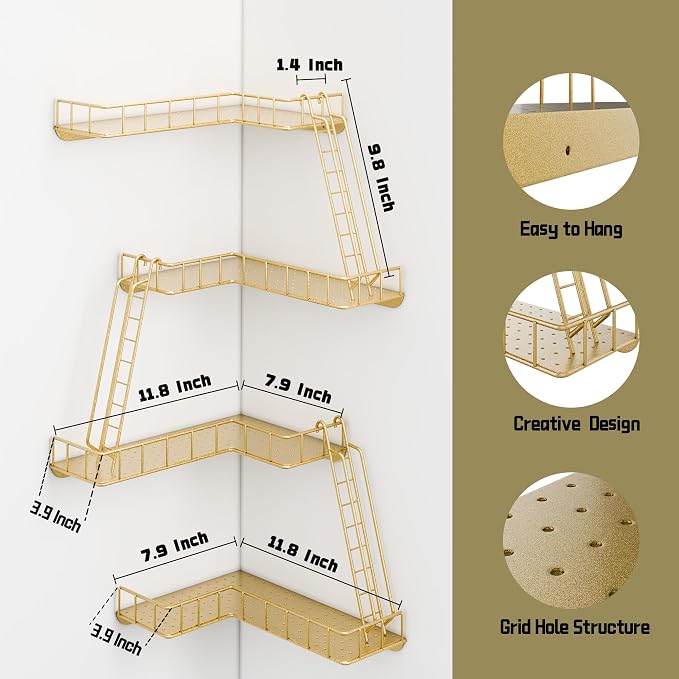Fire Escape Wall Shelf - Modern City Style 4-Tier Corner Wall Shelves, Easy to Install Metal Ladder Shelf for Figures, New York Decorative Shelves for Bathroom, Living Room & Home Decor,Gold