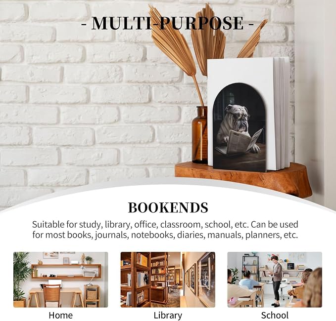 Cute Bulldog Reading The Newspaper 2 Piece Wood Decorative Bookends 6.7x4.2 in, Book Ends for Home Office Library Shelves Decor Room Kitchen Desktop