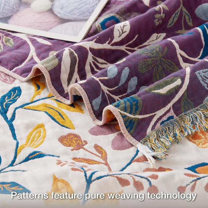 100% Cotton Boho Throw Blanket for Home Decor – Classic Farmhouse Quilt Bedding, Muslin Blankets for Adults, Vintage Woven Decorative Blanket for Couch, Bed Layering Use, Botanic Floral, 50"x60"