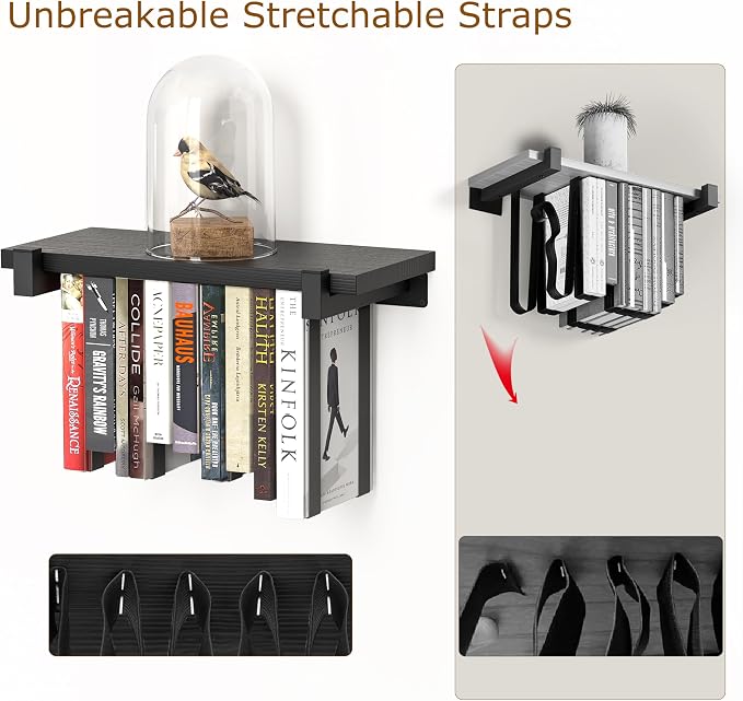 NANATI 2 Set of Floating Bookshelf, Pine Wood Invisible Bookshelf, Hanging Bookshelves for Wall, Unique Space Saving Wall Bookcase, New Black (16.5L×8.7W×1.5H)