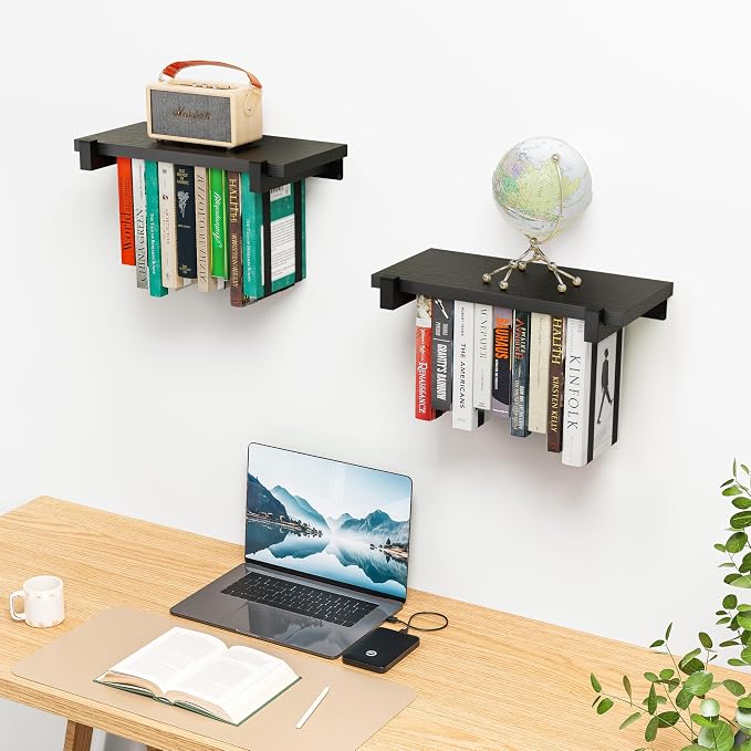 NANATI 2 Set of Floating Bookshelf, Pine Wood Invisible Bookshelf, Hanging Bookshelves for Wall, Unique Space Saving Wall Bookcase, New Black (16.5L×8.7W×1.5H)