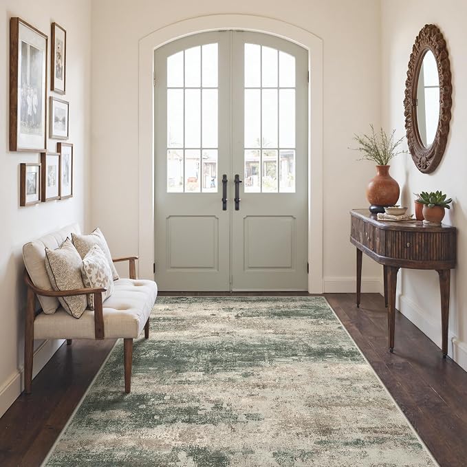 GENIMO 3x5 Rug for Entryway Washable Area Rug, Modern Abstract Small Rugs for Entrance Living Room, Bedroom Beside Rugs, Non-Slip Low Pile Lightweight Soft Carpet, Sage Green Sand