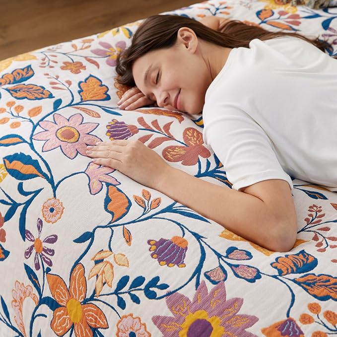 100% Cotton Boho Throw Blanket for Home Decor – Classic Farmhouse Quilt Bedding, Muslin Blankets for Adults, Vintage Woven Decorative Blanket for Couch, Bed Layering Use, Botanic Floral, 50"x60"