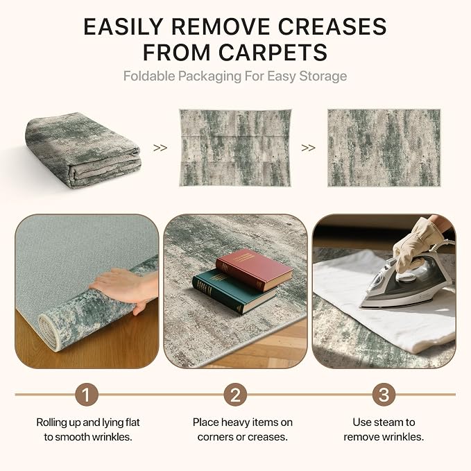 GENIMO 3x5 Rug for Entryway Washable Area Rug, Modern Abstract Small Rugs for Entrance Living Room, Bedroom Beside Rugs, Non-Slip Low Pile Lightweight Soft Carpet, Sage Green Sand