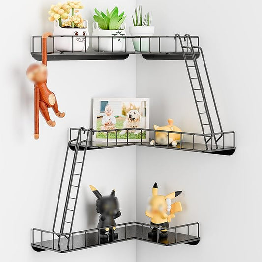 Fire Escape Wall Shelf - Modern City Style 3-Tier Corner Wall Shelves, Easy to Install Metal Ladder Shelf for Figures, New York Decorative Shelves for Bathroom, Living Room & Home Decor,Black