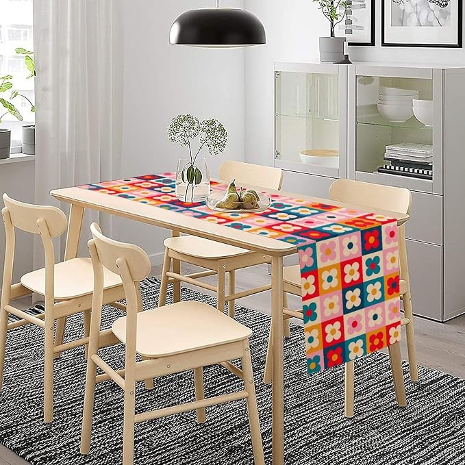 Retro Floral Checkered Table Runner Vintage Gardern Flowers Groovy Trendy Hippie Grid Farmhouse Country Dinner Runner for Home Kitchen Dining Table Party Holiday Decor 13"x108"