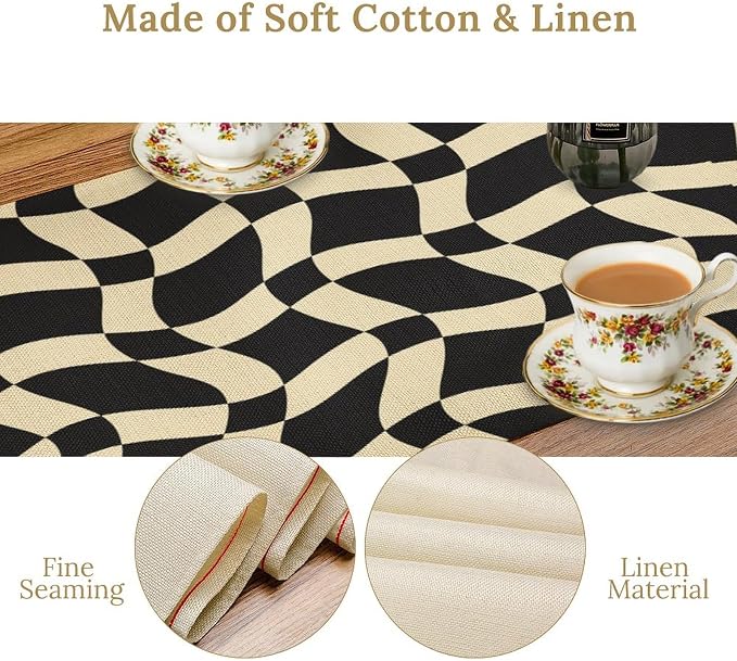 Retro Checkered Table Runner 60s 70s Vintage Twisted Black White Groovy Trendy Wavy Hippie Grid Dinner Runner for Home Kitchen Dining Table Party Holiday Decor 13"x120"