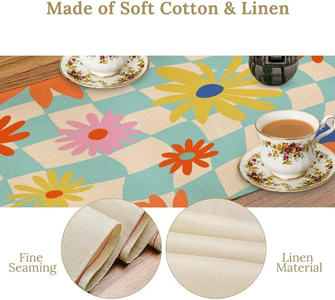Retro Floral Checkered Table Runner Vintage Gardern Flowers Twisted Groovy Trendy Hippie Grid Farmhouse Country Dinner Runner for Home Kitchen Dining Table Party Holiday Decor 13"x108"
