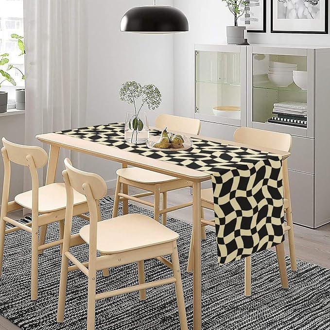 Retro Checkered Table Runner 60s 70s Vintage Twisted Black White Groovy Trendy Wavy Hippie Grid Dinner Runner for Home Kitchen Dining Table Party Holiday Decor 13"x120"