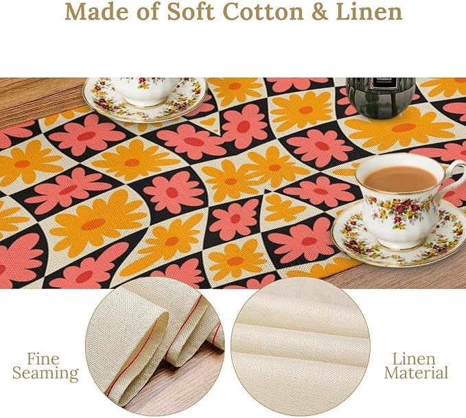 Retro Floral Checkered Table Runner 60s 70s Vintage Flower Twisted Colorful Groovy Trendy Hippie Grid Farmhouse Country Dinner Runner for Home Kitchen Dining Table Party Holiday Decor 13"x70"