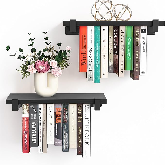 NANATI 2 Set of Floating Bookshelf, Pine Wood Invisible Bookshelf, Hanging Bookshelves for Wall, Unique Space Saving Wall Bookcase, New Black (16.5L×8.7W×1.5H)