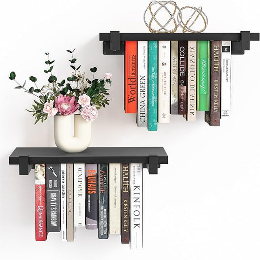 NANATI 2 Set of Floating Bookshelf, Pine Wood Invisible Bookshelf, Hanging Bookshelves for Wall, Unique Space Saving Wall Bookcase, New Black (16.5L×8.7W×1.5H)