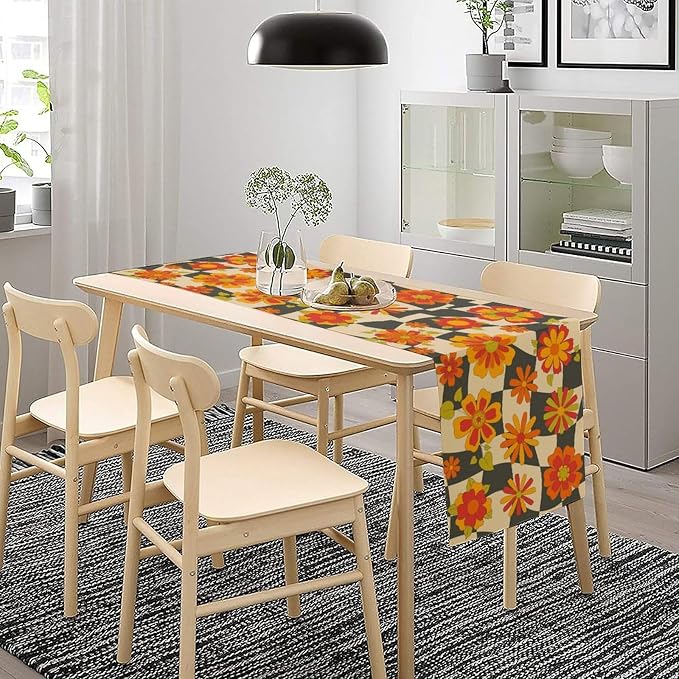 Retro Floral Checkered Table Runner 60s 70s Vintage Flowers Twisted Colorful Groovy Trendy Hippie Grid Farmhouse Country Dinner Runner for Home Kitchen Dining Table Party Holiday Decor 13"x120"