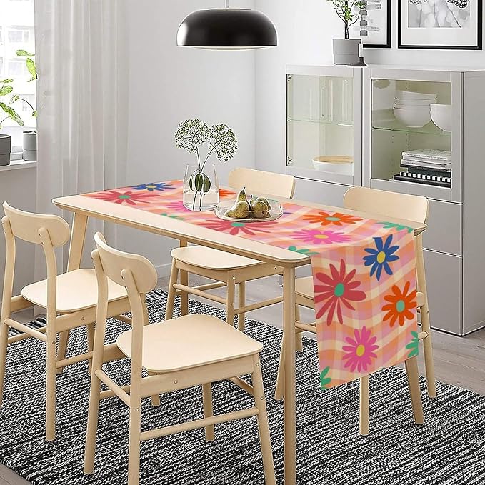 Retro Floral Checkered Table Runner Vintage Gardern Flowers Twisted Colorful Groovy Trendy Hippie Grid Farmhouse Country Dinner Runner for Home Kitchen Dining Table Party Holiday Decor 13"x60"
