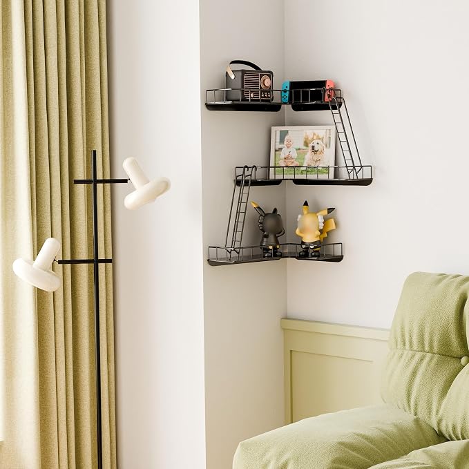 Fire Escape Wall Shelf - Modern City Style 3-Tier Corner Wall Shelves, Easy to Install Metal Ladder Shelf for Figures, New York Decorative Shelves for Bathroom, Living Room & Home Decor,Black
