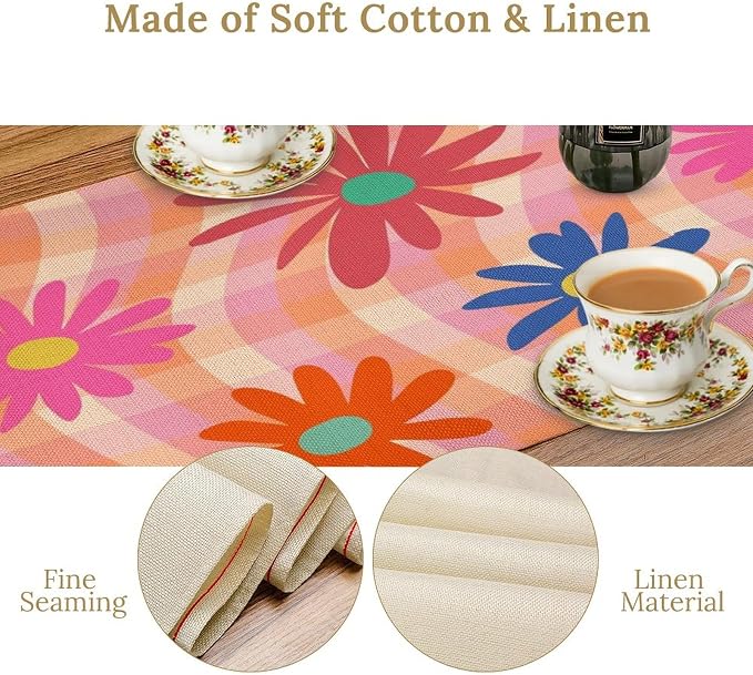 Retro Floral Checkered Table Runner Vintage Gardern Flowers Twisted Colorful Groovy Trendy Hippie Grid Farmhouse Country Dinner Runner for Home Kitchen Dining Table Party Holiday Decor 13"x60"
