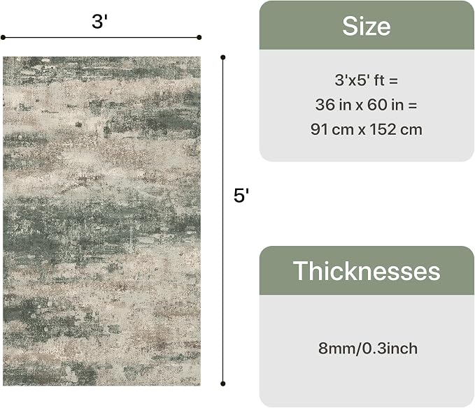 GENIMO 3x5 Rug for Entryway Washable Area Rug, Modern Abstract Small Rugs for Entrance Living Room, Bedroom Beside Rugs, Non-Slip Low Pile Lightweight Soft Carpet, Sage Green Sand