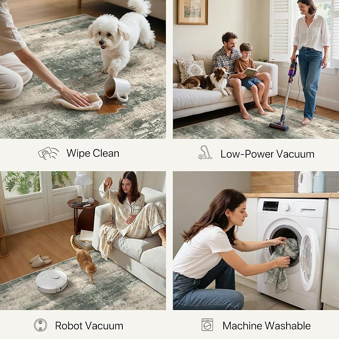 GENIMO 3x5 Rug for Entryway Washable Area Rug, Modern Abstract Small Rugs for Entrance Living Room, Bedroom Beside Rugs, Non-Slip Low Pile Lightweight Soft Carpet, Sage Green Sand