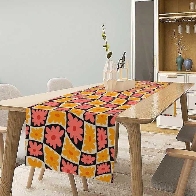 Retro Floral Checkered Table Runner 60s 70s Vintage Flower Twisted Colorful Groovy Trendy Hippie Grid Farmhouse Country Dinner Runner for Home Kitchen Dining Table Party Holiday Decor 13"x60"