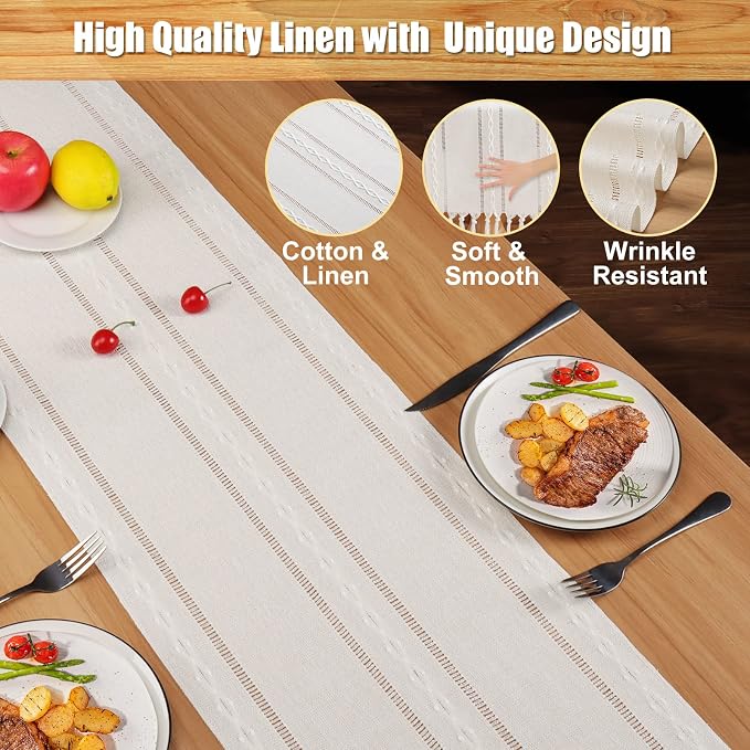 Table Runner, Boho Farmhouse Table Runners 72 Inches Long with Tassels for Holiday Party, Linen Beige Table Runners Wrinkle Free for Wedding Dining Room, Ivory Table Runner for Dresser Decor