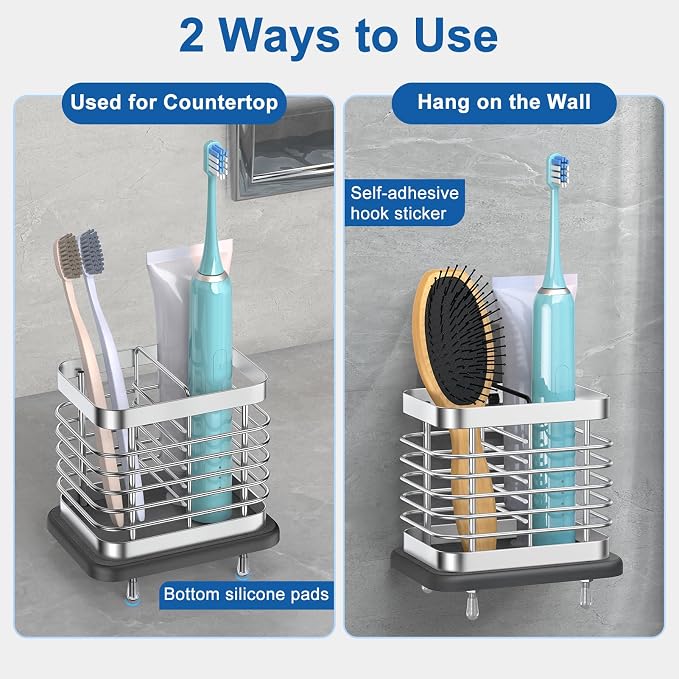 Toothbrush Holders for Bathroom, Adhesive Electric Toothbrush Holder with Fast Dry Tray Wall Mounted Toothbrush Holder Shower Toothpaste Bathroom Organizer Essentials, 2 Slots, Silver