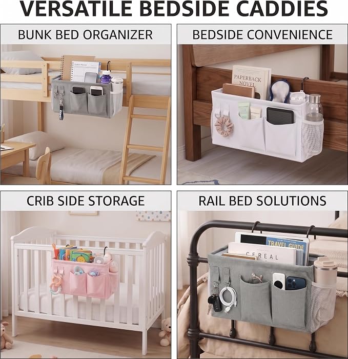 1pc Bedside Caddy Organizer with Hooks, No-Sagging Canvas Hanging Bed Pocket with Water Bottle Holder, Bedside Storage for Dorm Room Essentials, Bunk Bed Accessories, Hospital Bed Rails & Crib (pink)