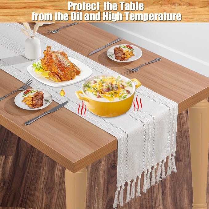 Table Runner, Boho Farmhouse Table Runners 72 Inches Long with Tassels for Holiday Party, Linen Beige Table Runners Wrinkle Free for Wedding Dining Room, Ivory Table Runner for Dresser Decor