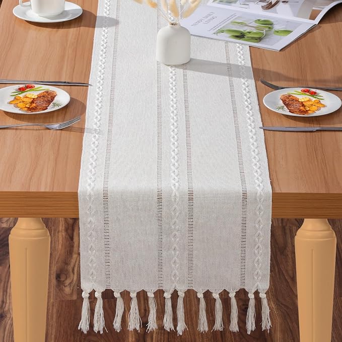 Table Runner, Boho Farmhouse Table Runners 72 Inches Long with Tassels for Holiday Party, Linen Beige Table Runners Wrinkle Free for Wedding Dining Room, Ivory Table Runner for Dresser Decor
